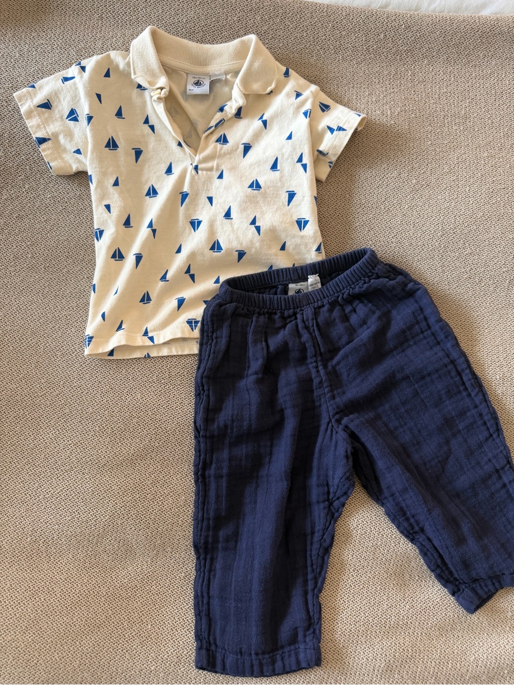 Petit Bateau Cream Polo with Blue Sailboat Print and Navy Linen Pants 18mo